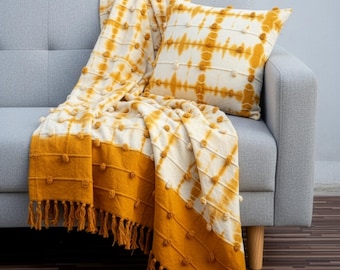 Mustard Tie & Dye Cotton Throw Blanket with Handwoven Fringes (52x72 Inches)