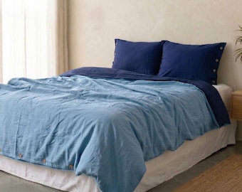 Reversible Navy & Sky Blue Cotton Duvet Cover | Breathable Dual Color Bedding With Pillow Covers