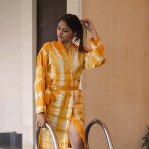 Tie-Dye Linen Kimono Robe: Lightweight Mustard Loungewear