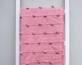 Pink Hand Loom Cotton Throw Blanket - Chunky Loops, Woven Fringe (52x72 Inch)