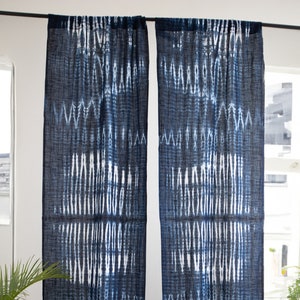 Indigo Shibori Linen Curtains: Handmade Abstract Tie Dye Panel