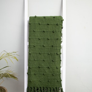 Hand Loomed Cotton Throw Blanket: Deep Green Chunky Loops, 52x72 Inch