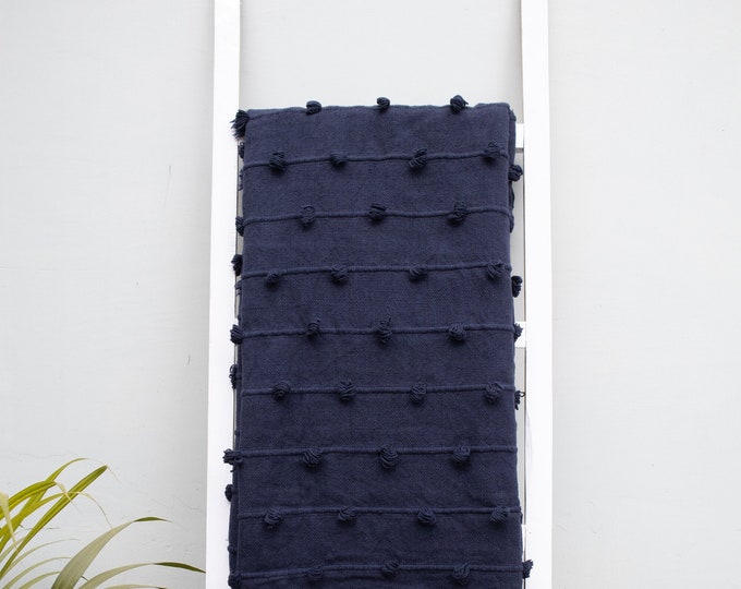 Navy Blue Loops Hand Loom Chunky Woven Sofa Throw Blankets Decorative