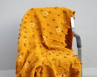 Mustard Yellow Cotton Throw Blanket: Chunky Loops & Fringes, Tie Dye