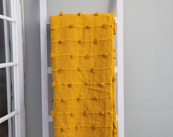 Mantas de algodón gruesas tejidas a mano con bucles amarillos de cúrcuma - Manta amarilla de 52 x 72 pulgadas