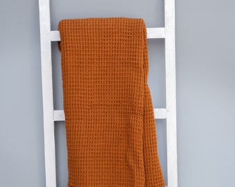 Rust Orange Waffle Throw Blanket - Waffle Weave Picnic Blanket With Fringes - Cotton Hand Woven Blanket