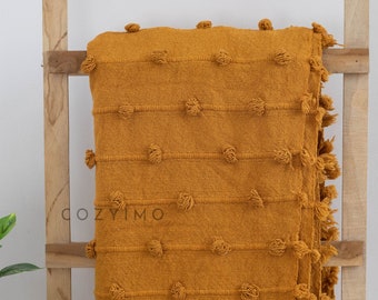 Hand Loom Mustard Cotton Throw Blanket - Chunky Woven Loops, Fringed Edges (52x72 Inch)