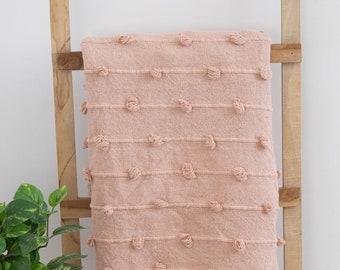 Blush Pink Cotton Throw Blanket: Hand Loom Woven Loops, Fringed Edges (52x72 Inch)
