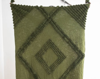 Dark Green Throw Blanket - Natural Raw Cotton Hand Woven Tufted Throw Blanket - 52x72 Inch Throw - Green Cotton Blanket