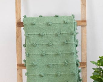 Mint Green Loops Hand Loom Chunky Woven Sofa Throw Blankets - Decorative Chunky Loops Green Cotton Blanket 52x72 Inch