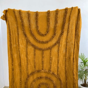 Mustard Cotton Tufted Throw Blanket: Rainbow Fringed Home Decor