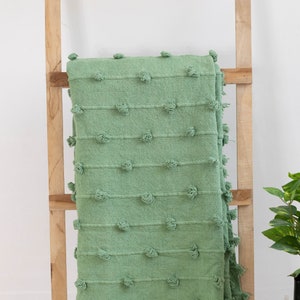 Sage Green Hand Loomed Cotton Throw Blanket with Chunky Loops