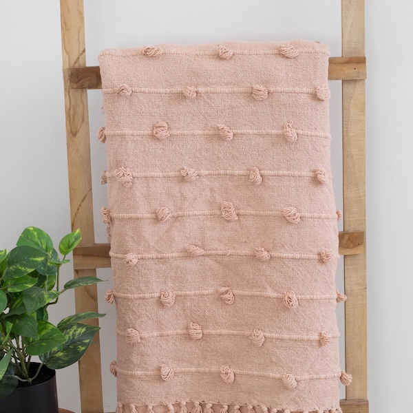 Blush Pink Loops Hand Loom Chunky Woven Throw Blankets - Decorative Chunky Loops Cotton Throw - Pink Blanket 52x72 Inch