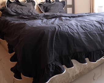 Black Ruffled and Pippin Cotton Duvet Cover with Pillowcases: Hand-Dyed Bedding