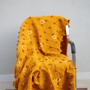 Mustard Yellow Cotton Throw Blanket: Chunky Loops & Fringes, Tie Dye