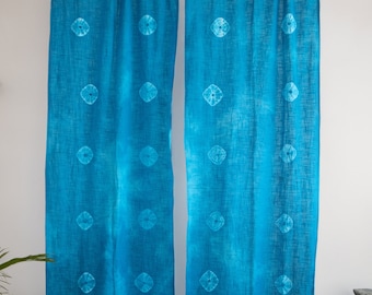 Turquoise Tie Dye Linen Curtains -  Bohemian Semi Sheer Drapes For Door, Windows