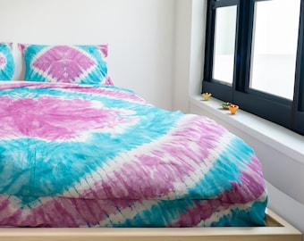 Blue & Purple Tie-Dye Cotton Duvet Cover with Pillow Cases