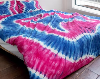 Hand-Tie Dyed Cotton Duvet Cover: Pink & Purple Shibori, with Pillow Cases