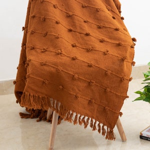 Rust Loops Hand Loom Chunky Woven Cotton Throw Blankets Decorative Chunky Rust Orange Throw Blanket 52x72 Inch image 3