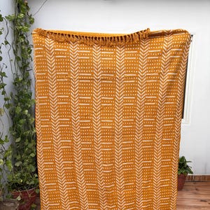 Mustard Yellow Mud Cloth Throw Blanket: Hand Block Printed Cotton with Tassels