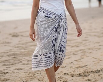 Hand Block Print Cotton Sarong – Indigo Blue Beach Cover-Up, Boho Summer Scarf, Wrap Pareo