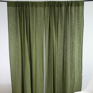 Olive Green Linen Curtains: Bohemian Semi Sheer Window Panels