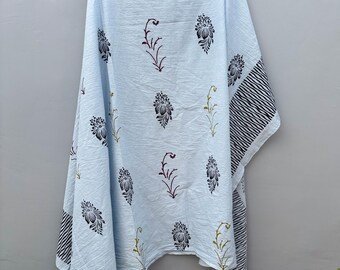 Hand Block Print Cotton Sarong – Sky Blue Lightweight Beach Cover-Up, Handmade Indian Fabric
