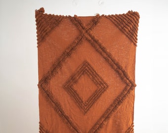 Rust Orange Throw Blanket  - Natural Raw Cotton Hand Woven Tufted Rust Throw Blanket - Tufted Cotton Blanket - Hand Dye Blanket