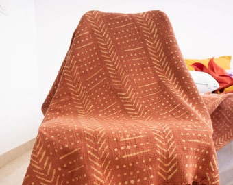 Rust Mud Cloth Cotton Blanket | Block Printed Throw Blanket | Rust Cotton Blanket with Fringes Tassels - Fathers Day Sale