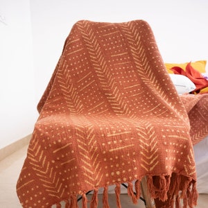 Rust Mud Cloth Cotton Blanket | Block Printed Rust Throw Blanket | Cotton Blanket with Fringes Tassels - Mothers Day Sale