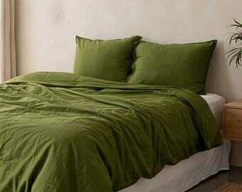Moss Green Cotton Duvet Cover with Two Pillowcases - Queen, King, & Custom Sizes Cotton Bedding