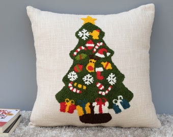Christmas Decorative Cushion Cover - Crewel Embroidery Pillow Cover - Green Tree Pillow Case 24x24, 20x20, 18x18 inch