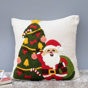 Handmade Christmas Pillow Cover: Crewel Embroidered Santa & Tree