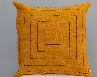Mustard Yellow Throw Pillow Cover: Hand-stitched Kantha Cotton
