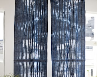 Indigo Shibori Linen Curtains: Handmade Abstract Tie Dye Panel