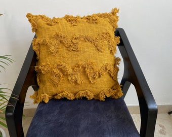 Mustard Throw Cushion Cover , Cotton Decorative Cushion With Fringes, Mustard Yellow Pillows, Handmade Cushions Throw, Housewarming Gift
