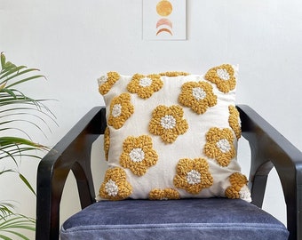 Daisy Flower Embroidered Throw Pillow Case Cotton - Boho Texture Decorative Cushion Cover