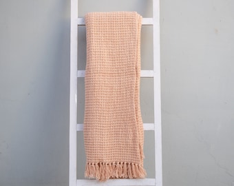 Peach Pink Cotton Hand Woven Waffle Throw Blanket - Waffle Picnic Blanket With Fringes - AC Blanket