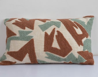 Crewel Embroidery Lumber Pillow Cover | Green and Brown Cushion Cover | Embroidered Lumber Pillow Case