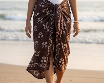 Brown Block Print Cotton Sarong – Lightweight Beach Wrap, Handmade Floral Cover Up, 42x72 Pareo
