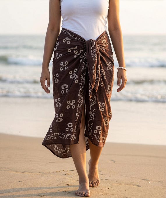 Brown Block Print Cotton Sarong – Lightweight Beach Wrap, Handmade Floral Cover Up, 42x72 Pareo