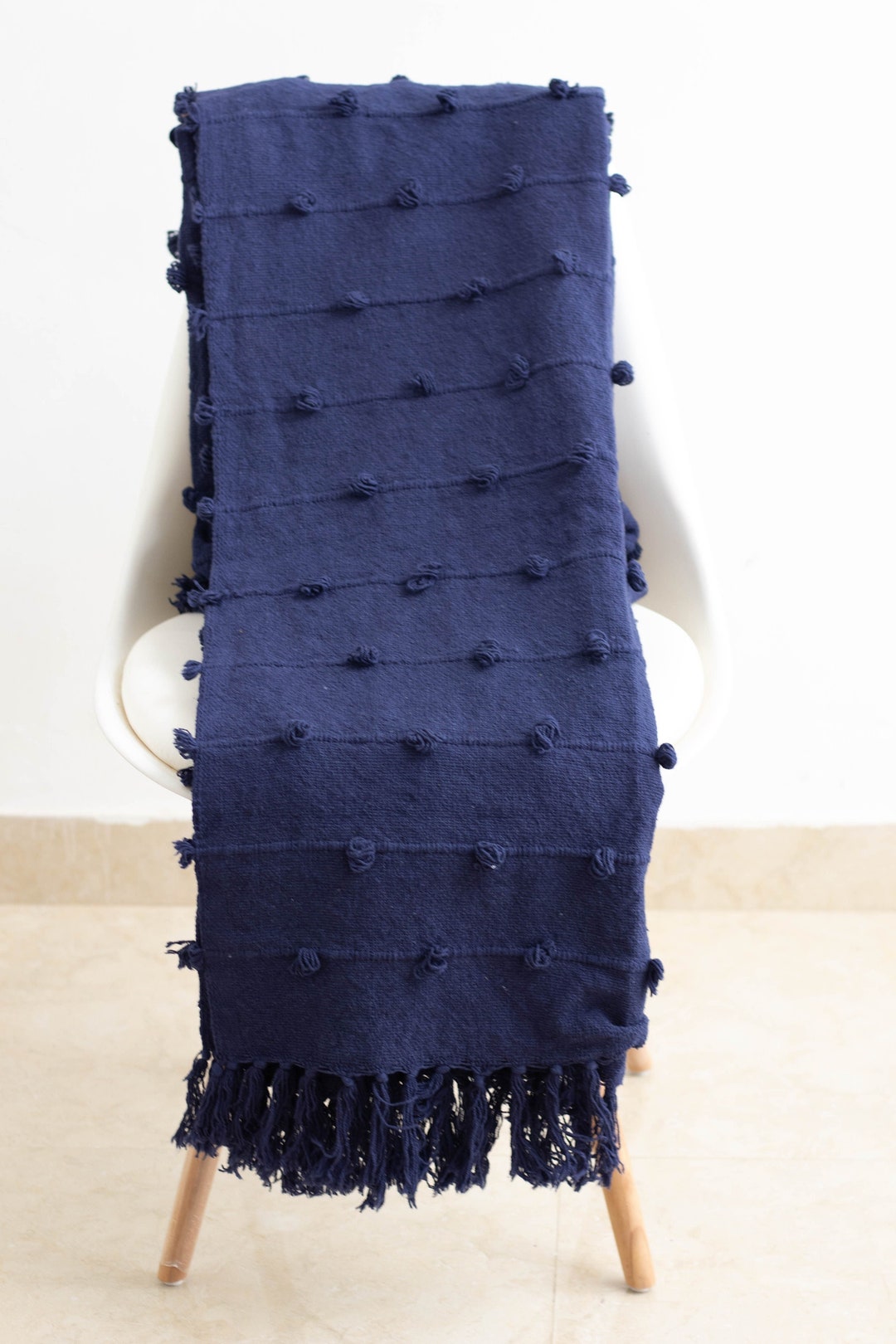 Navy Blue Loops Hand Loom Chunky Woven Sofa Throw Blankets Decorative