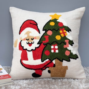 Handmade Crewel Christmas Pillow Cover: Santa & Tree Embroidered Cushion