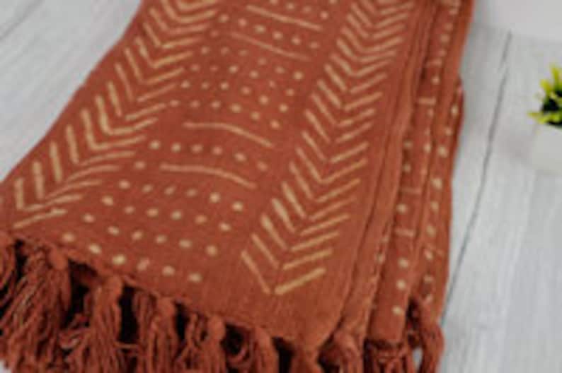 Rust Mud Cloth Cotton Blanket Block Printed Rust Throw Blanket Cotton Blanket with Fringes Tassels Mothers Day Sale image 5