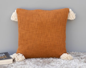 Funda de cojín color óxido - Funda de almohada de algodón tejida a mano con borlas