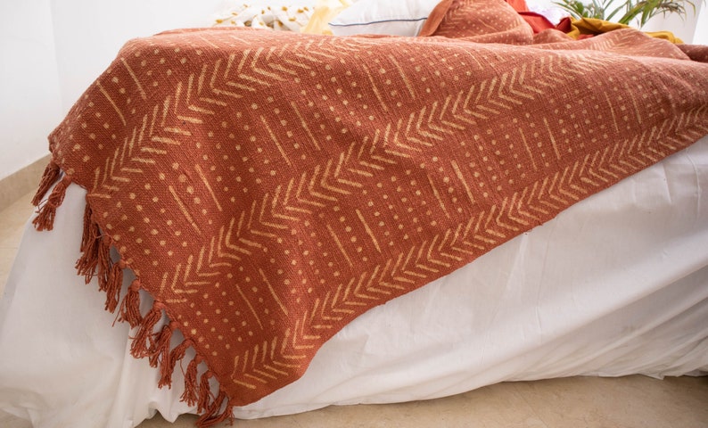 Rust Mud Cloth Cotton Blanket Block Printed Rust Throw Blanket Cotton Blanket with Fringes Tassels Mothers Day Sale image 3