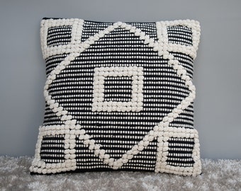 Black And White Hand loom Chunky Loops Cotton Cushion Cover - Square Pattern Boho Texture Cushion Cover  18x18, 20x20 Inches