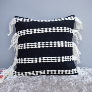 Handwoven Boho Throw Pillow Cover: Black Embroidered Cotton with Fringes