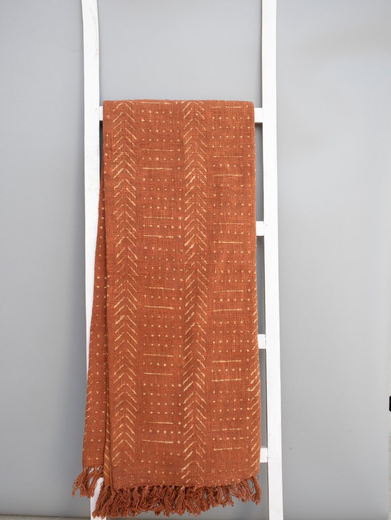 Rust Mud Cloth Cotton Blanket Block Printed Rust Throw Blanket Cotton Blanket with Fringes Tassels Mothers Day Sale 53x90 inches