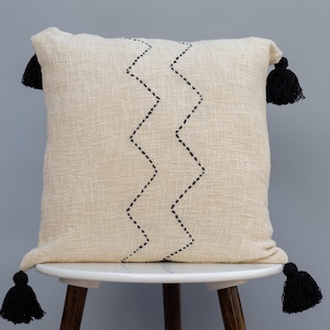 White Cotton Throw Pillow Cover: Tassel Accent Cushion